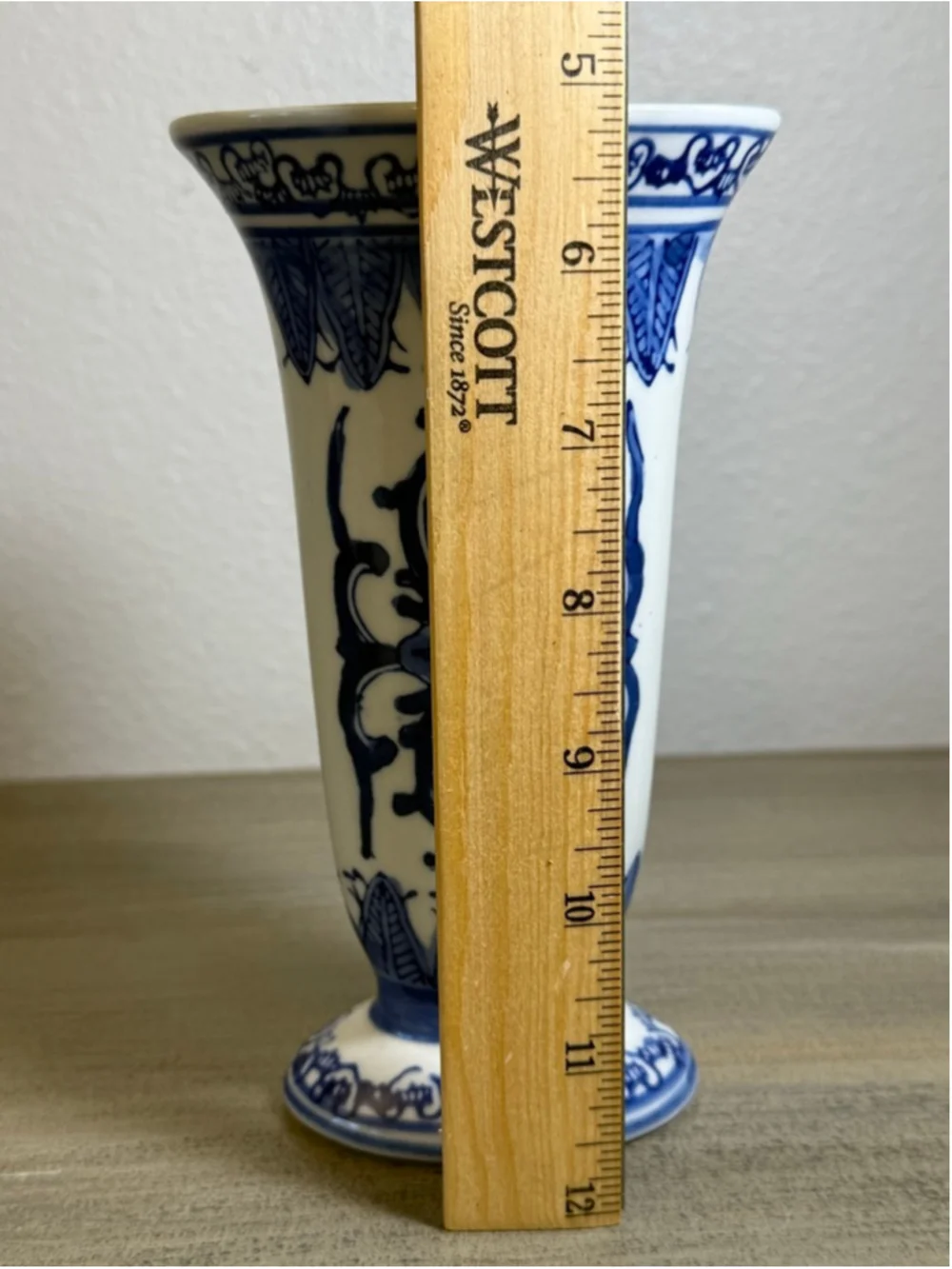 Vintage Japanese Porcelain Vase Decorated in Blue White Floral Trumpet Shape